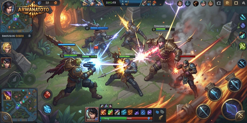 Gameplay seru ARWANATOTO dengan pertarungan MOBA yang intens.