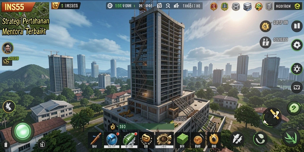 Screenshot gameplay INS55 menampilkan suasana menara pertahanan yang menegangkan.
