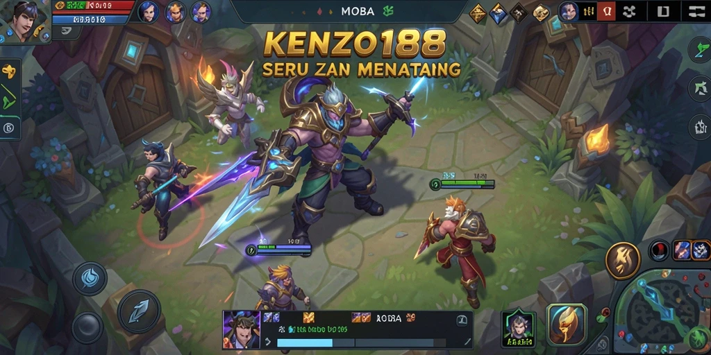 Screenshot utama KENZO188 menampilkan momen aksi MOBA yang intens.