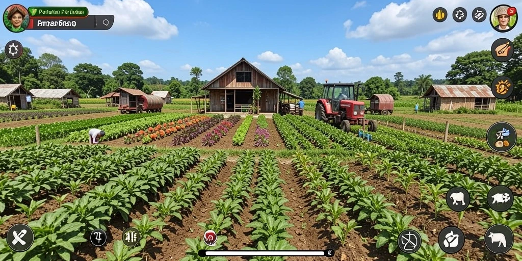 Tampilan gameplay PG11 yang menampilkan ladang pertanian yang subur.