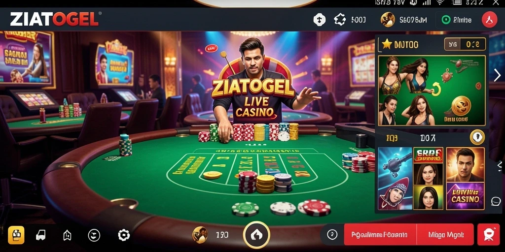 Tampilan gameplay ZIATOGEL dengan dealer langsung dalam suasana casino.